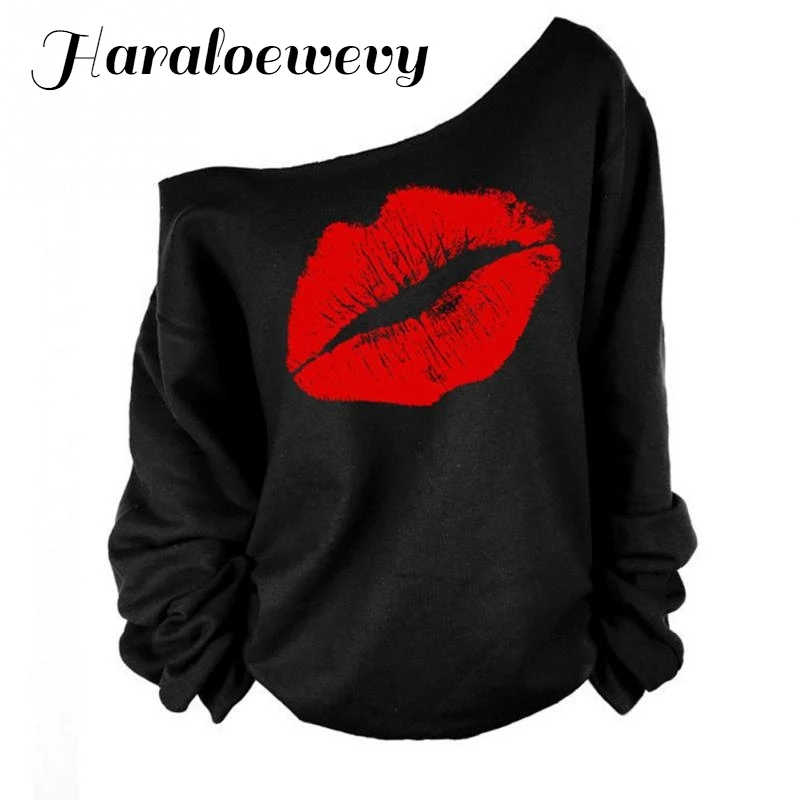 Красно-белые женские топы и блузки с принтом в виде губ повседневные длинным