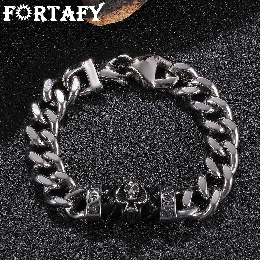 

FORTAFY Spades Skull Bracelet Men 12mm Wide Stainless Steel Curb Cuban Link Chain Braided Leather Charm Bangles Male FRGS0140