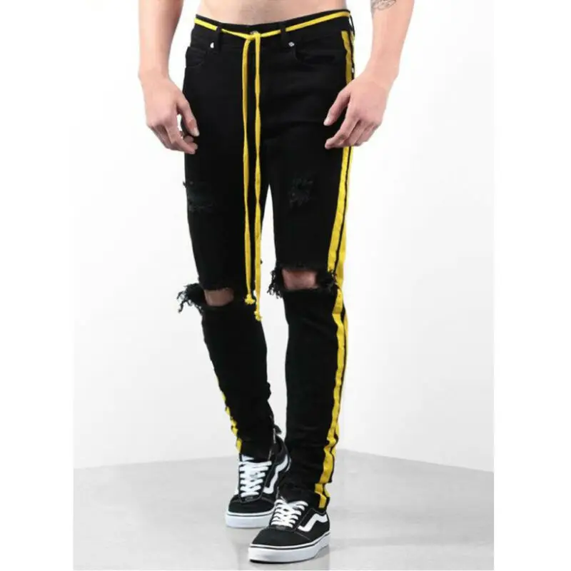 Модные мужские брюки с дырками повседневные Стрейчевые потертые рваные