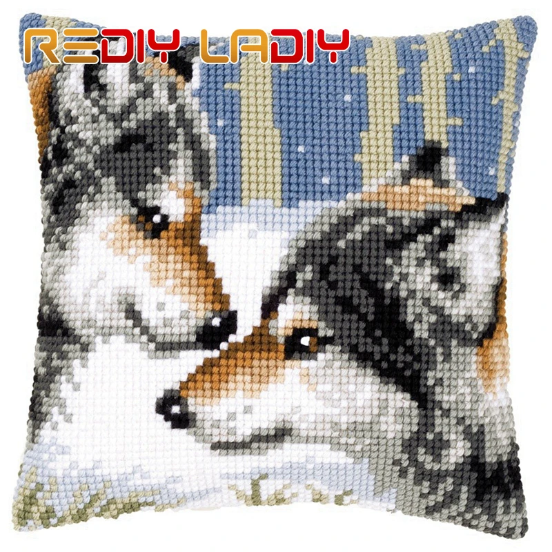 

Cross Stitch Cushion Wolves Puppy Chunky Yarn Cross-Stitch Kits Needlework Printed Canvas Pillow Home Decor Arts & Crafts