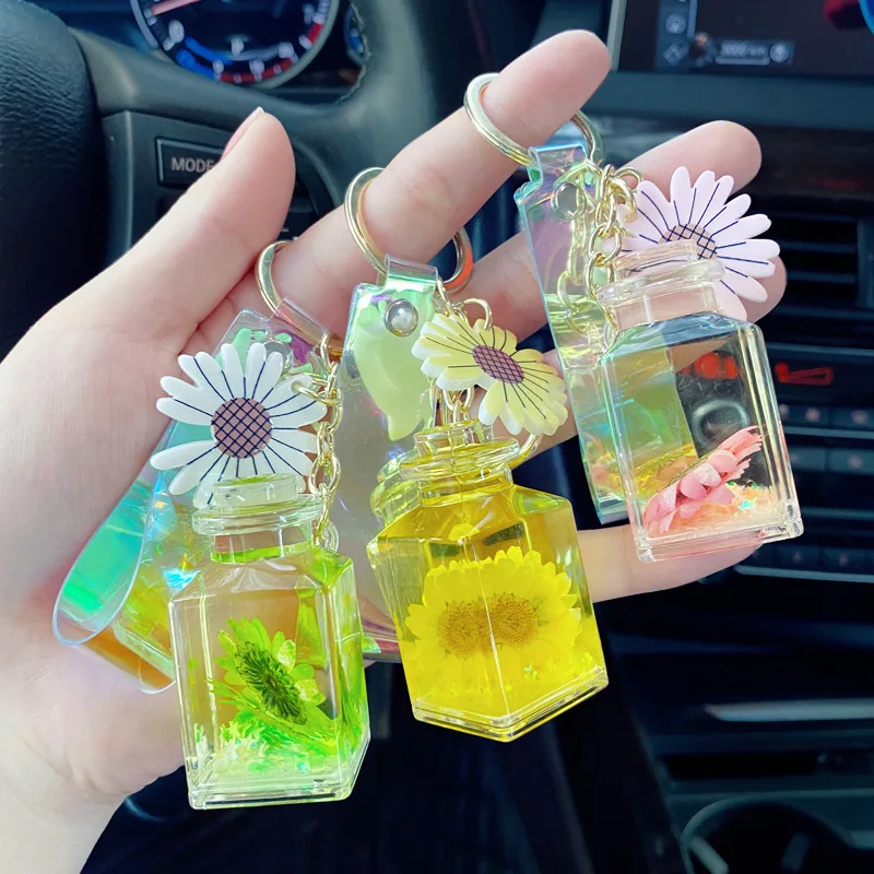 Японский Дейзи Желая бутылки брелок с жидкостью блеск зыбучие пески акриловое