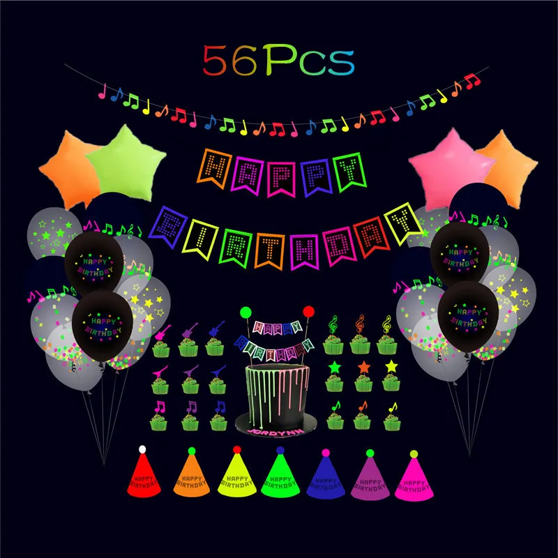 

45/56Pcs Fluorescent Letters Birthday Balloons Set Fluorescent Party Pull Flag Cake Hat Decoration Surprise Birthday Party