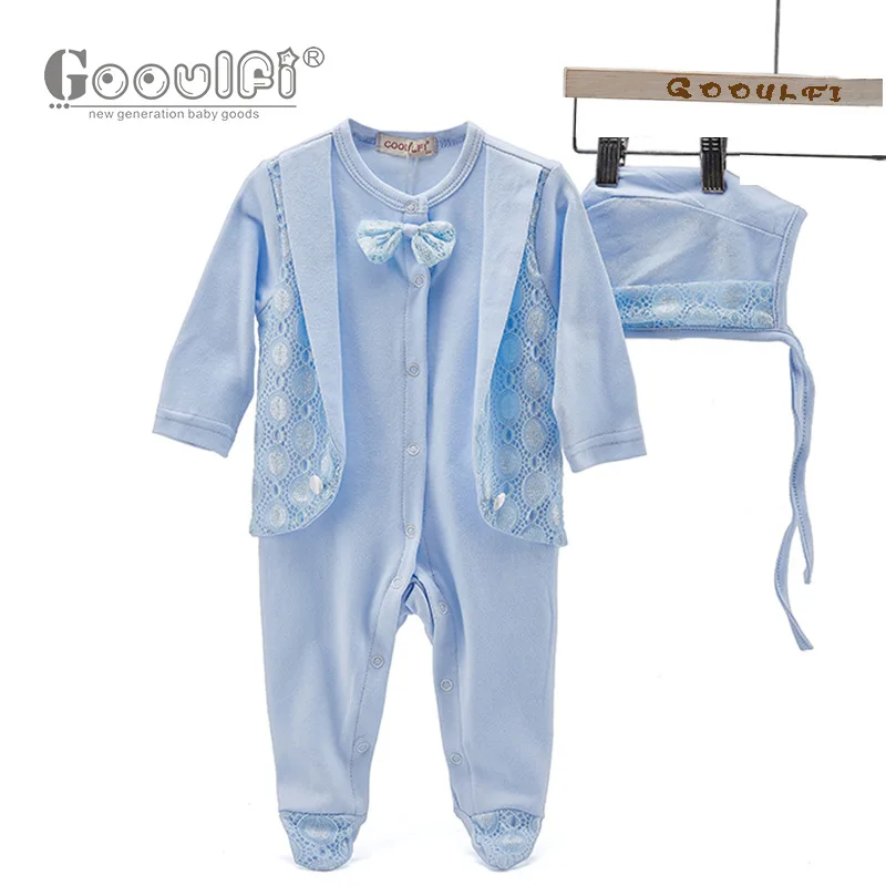 Gooulfi Baby Boy Romper 3-6 Months Cotton Christening Sets Long Sleeve With Hat Gentelman Formal New Born Fall Jumpsuit Footie |