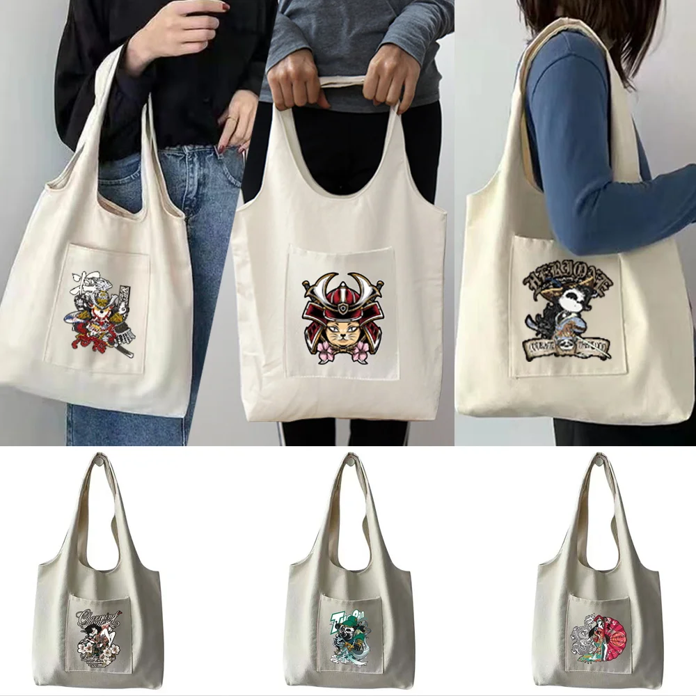 

Bags for Women Shopper Canvas Bag Japanese Animation Cartoon Samurai Pure Cotton Handbags Portable One-shoulder Shopping Bag