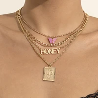 multi layer bohemia pink acrylic butterfly pendant letters honey necklace for women female choker clavicle necklace jewelry