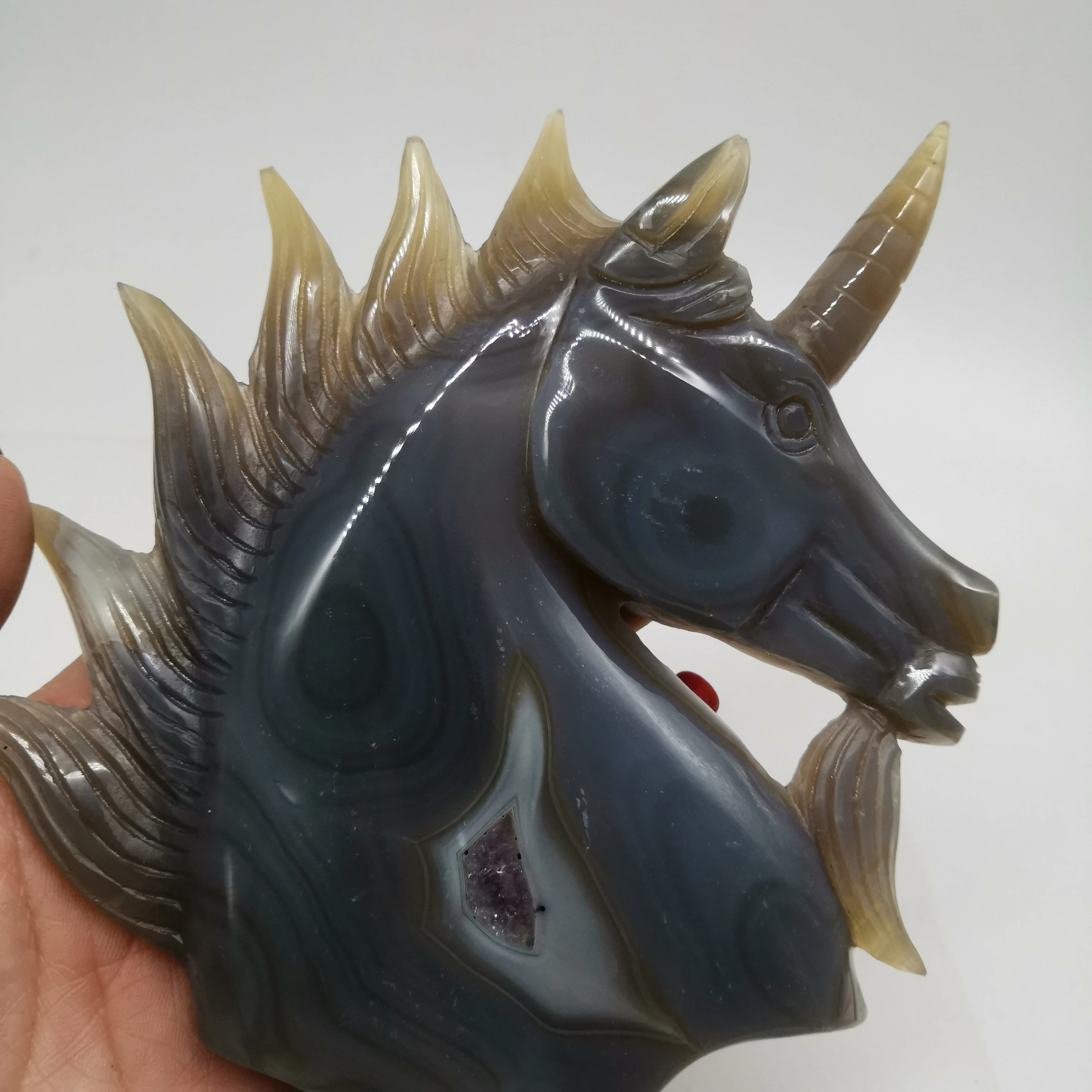 356 г высокое качество и изысканный резной натуральный агат геоде Единорог