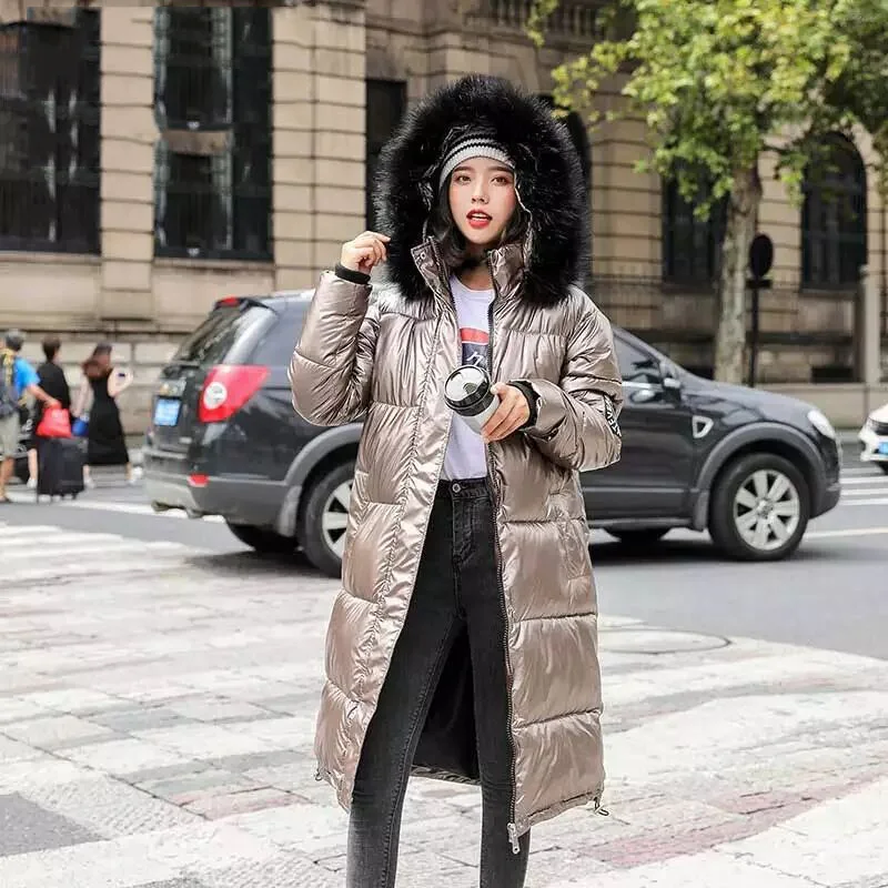 Женская длинная синяя блестящая стеганая куртка толстая зимняя женская с