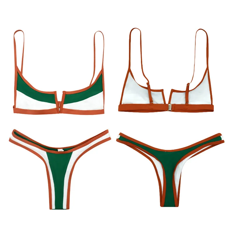 

Women Sexy Patchwork Two Piece Bikini Suits Fashion Contrast Color Stitching V-neck Push Up Bras Low Waist Trunks 2021