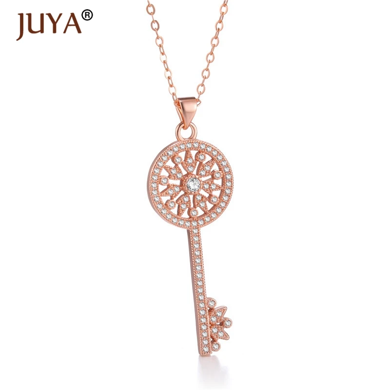 fashion statement necklaces for women Luxury Jewelry Copper Zircon Rhinestone Key Pendants Necklace Silver Femme