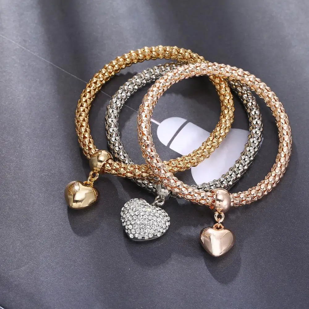 

3Pcs Crystal Heart Charm Bracelets Rose Gold Silver Color Popcorn Chain Rhinestone Pendant Bracelet For Women 2020 Dropshipping