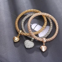 3pcs crystal heart charm bracelets rose gold silver color popcorn chain rhinestone pendant bracelet for women 2020 dropshipping