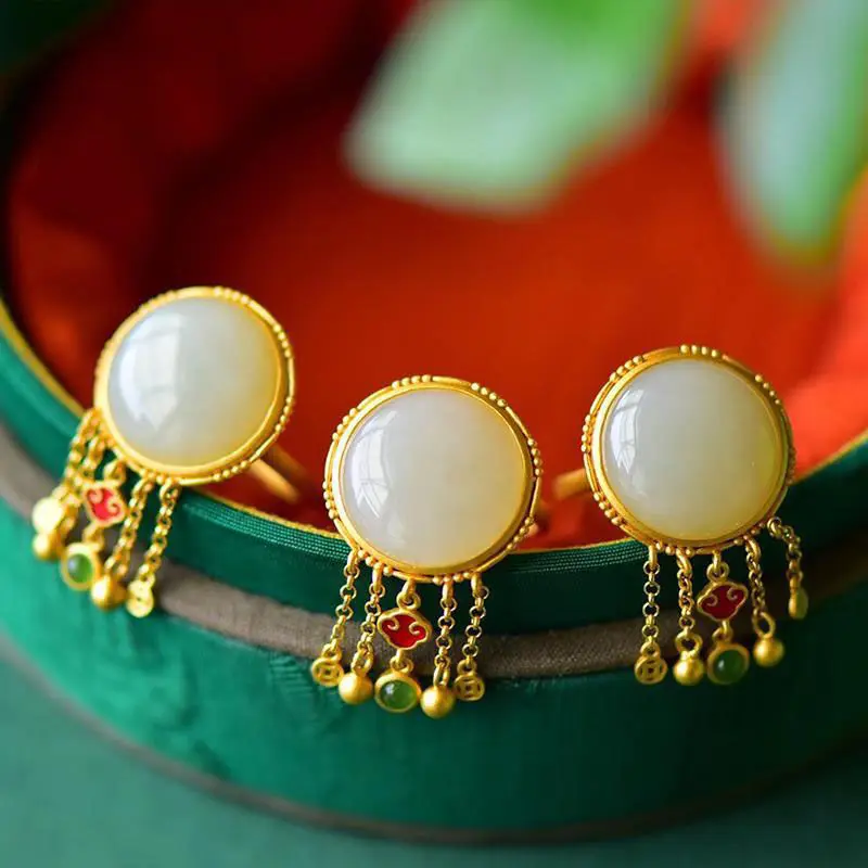 

Natural Hetian Jade Ring Special-Interest Design Retro Ethnic Style Tassel round Egg Noodles Open Ring Female Graceful Temperame
