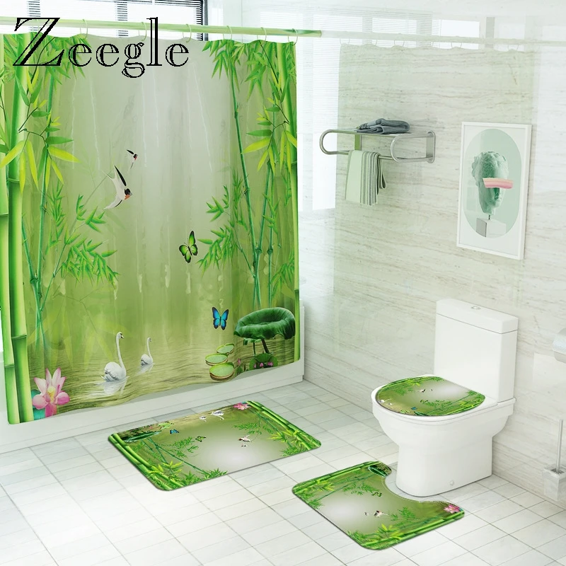 

Modern Style Scenic Bath Mat and Shower Curtain Set Bathroom Decor Carpet Absorbent Toilet Rugs Flannel Foot Mats Suit