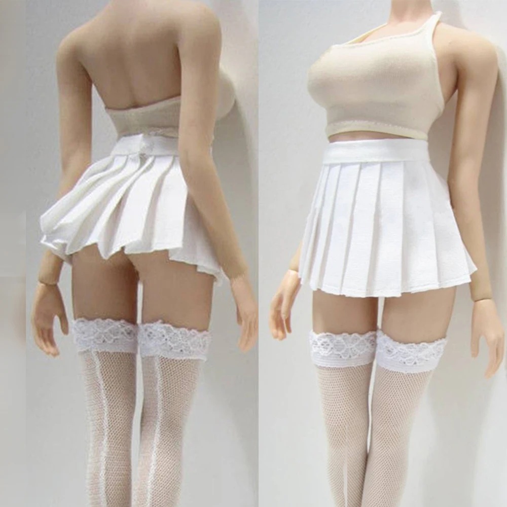 

1/6 Scale Female Clothes School Girls White Vest & Short Pleated Skirt & Stocking suits Fit For 12'' Seamless Body PL106