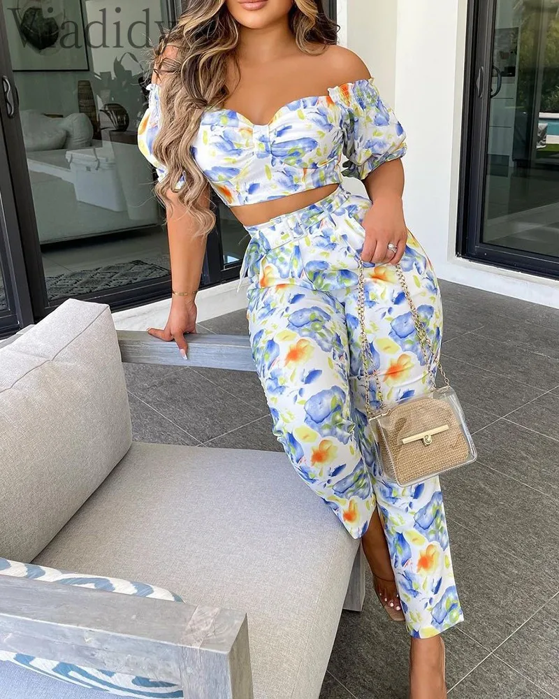 

Women Elegant Floral Print Short Sleeve Cropped T-shirts and High Waist Pants 2pcs Sets