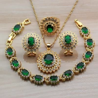 dubai yellow gold color jewelry sets for women fashion accessories green cubic zircon big flower sets
