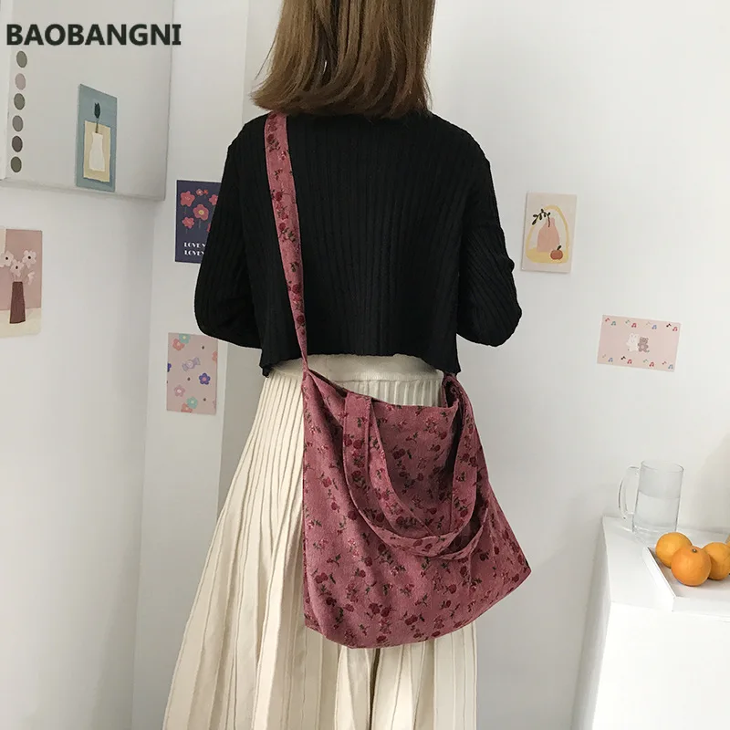 

Corduroy Korea Fashion Chic Autumn Winter New Retro Floral Crossbody Shoulder Bag for Women Female Large Capacity School Handbag