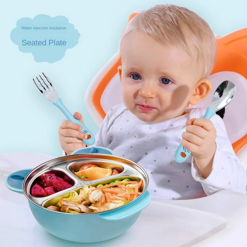 Baby Bowl Tableware Learning Cartoon Cover Baby Stainless Steel Suction Cup Insulation Bowl Complementary Feeding Dinnerware