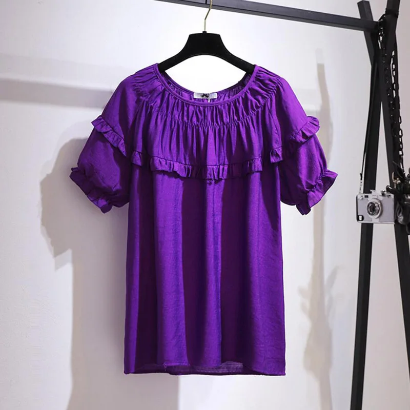 

Plus size women's summer loose150Kg ruffled short-sleeved t-shirt bust 165cm 6XL 7XL 8XL 9XL 10XL fresh top white blue purple