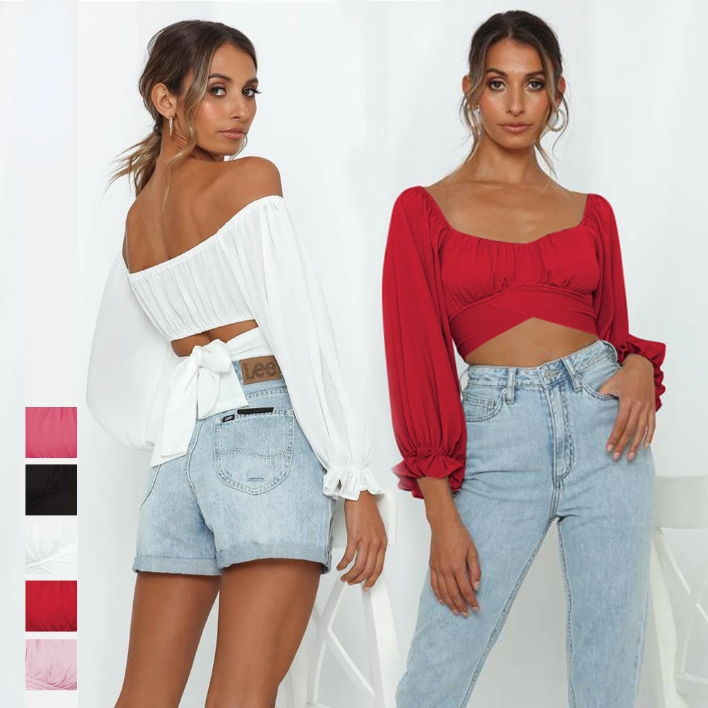 

Elegant and Sexy Style Off Shoulder Long Sleeve Self Tie Knot Crop Tube Top Blouse For Women