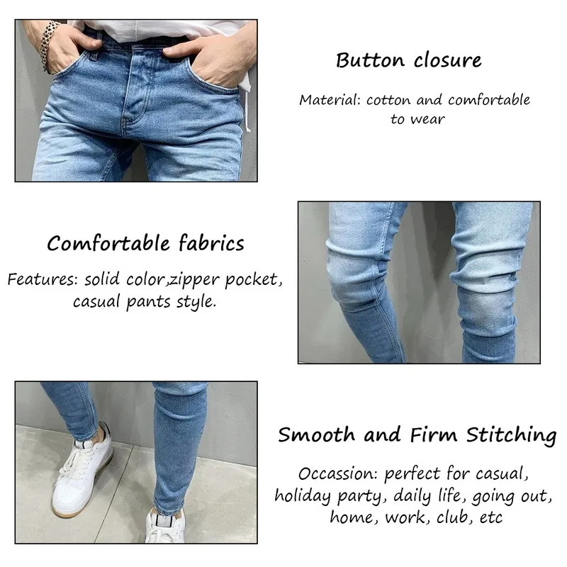 

Jeans Men Elastic Waist Skinny Jeans Men 2021 Stretch Ripped Pants Streetwear Mens Denim Jeans Blue