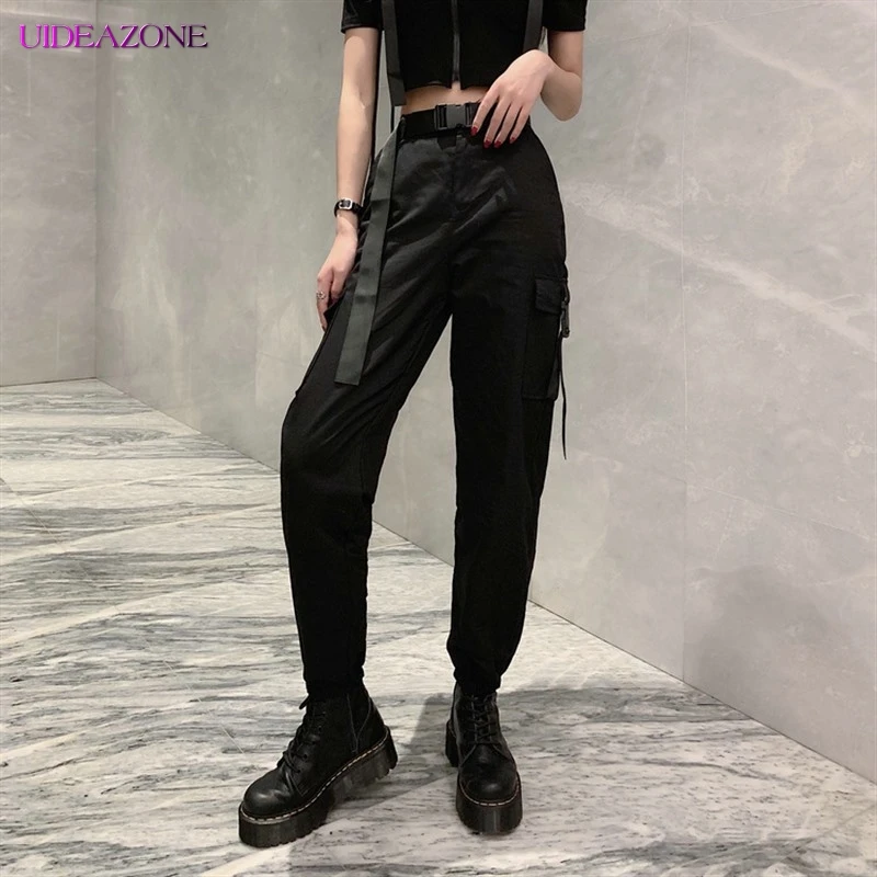 UIDEAZONE модные спортивные штаны для женщин черный пояс уличная одежда лоскутные