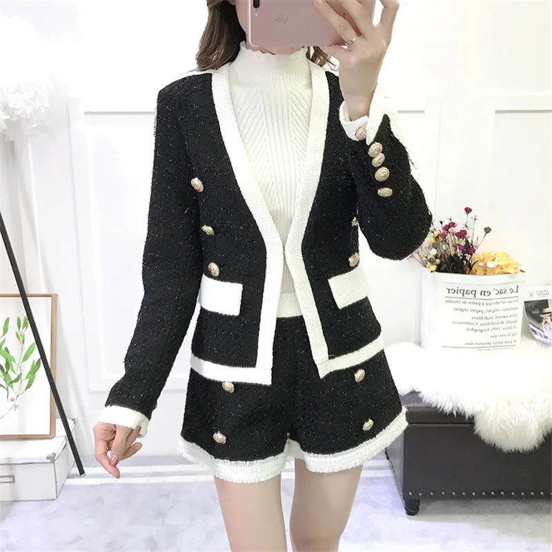 Женский твидовый костюм с люрексом пиджак длинным рукавом и шорты на пуговицах