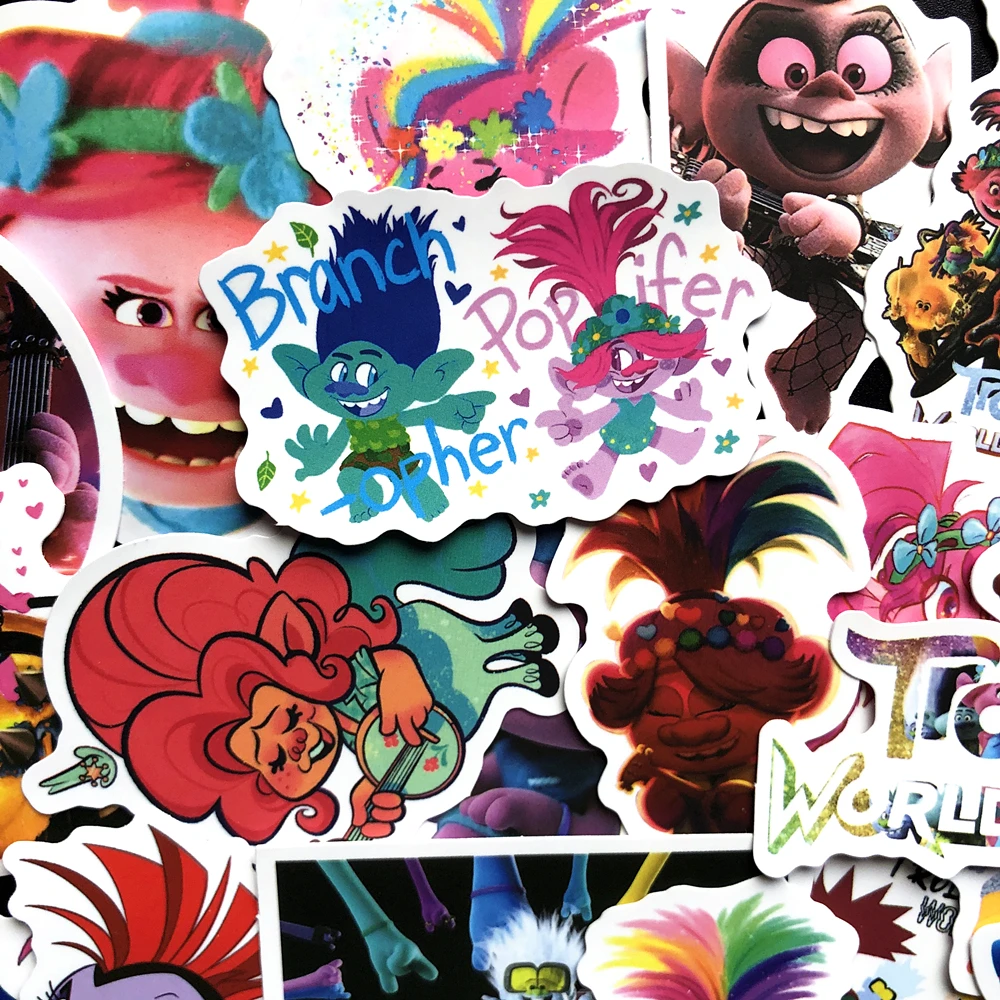 Pegatinas impermeables de Trolls de dibujos animados, funda de equipaje de guitarra, pegatinas de coche, pegatinas 3D bonitas de colecci&oacute;n de recortes, 50 Uds.-2