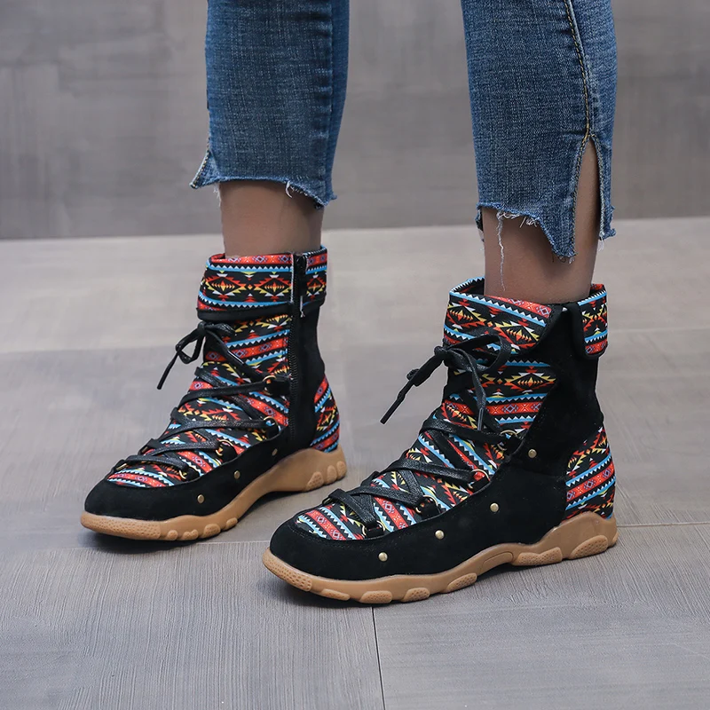 

2021 Spring Autumn New Mixed Colors Women's Casual Lace-Up Flat Short Boots Retro Round Toe Patchwork Ankle Boots Canvas