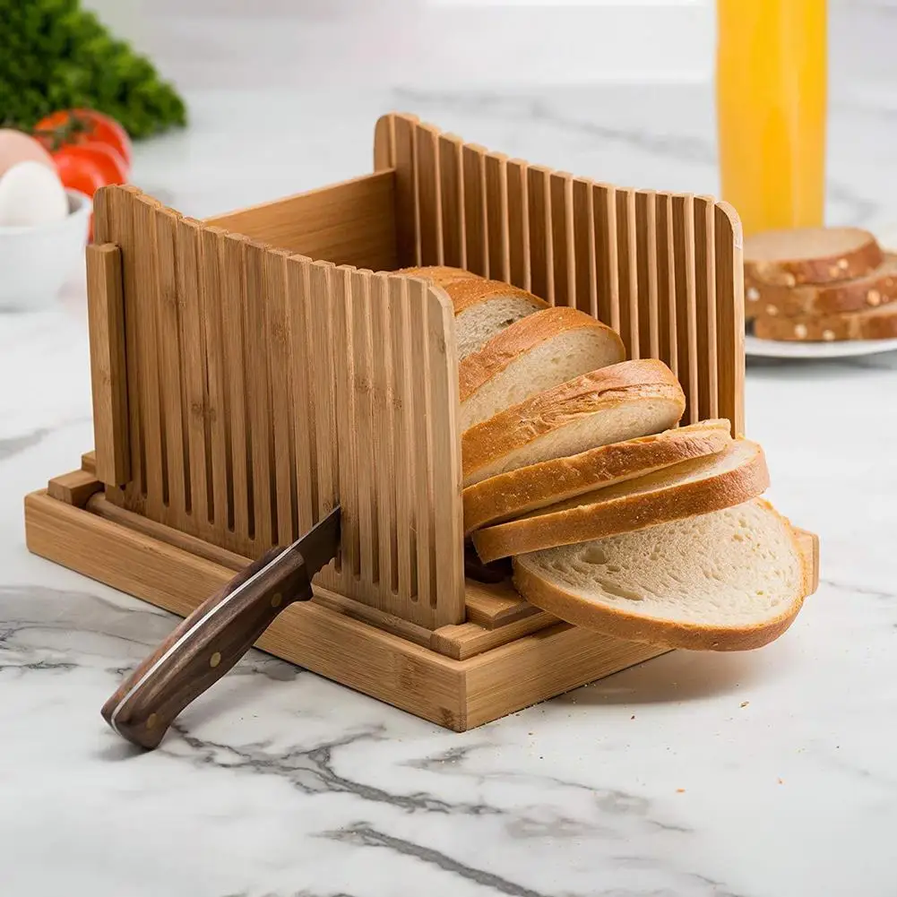 

Bamboo Bread Slicer with Crumbs Tray Compact Bamboo Bread Cutter