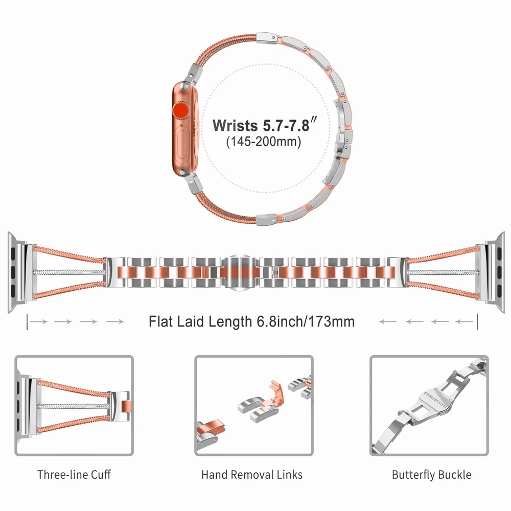 

For Apple Watch Bands Three Line Cuff Women Stainless Steel Removal Links Strap with Jewelry Buckle for iwatch Series 5 4 3 2 1