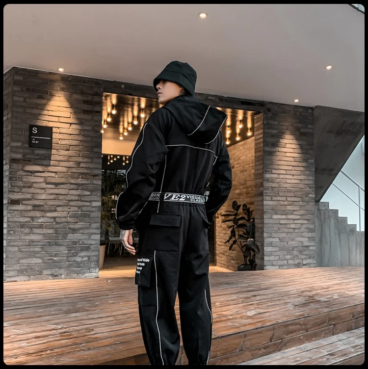 

Overalls Jumpsuit Men Hooded Rompers Black Goth Reflective Clothing Punk Gothic Rock Hiphop Streetwear Autumn Winter Designer