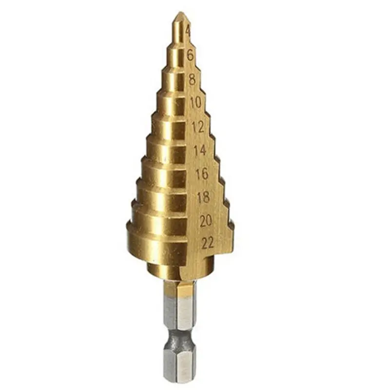 

1/4 Hex Titanium Coated Spiral Step Cone Drill Bit HSS Hole Cutter Tool 4-22mm