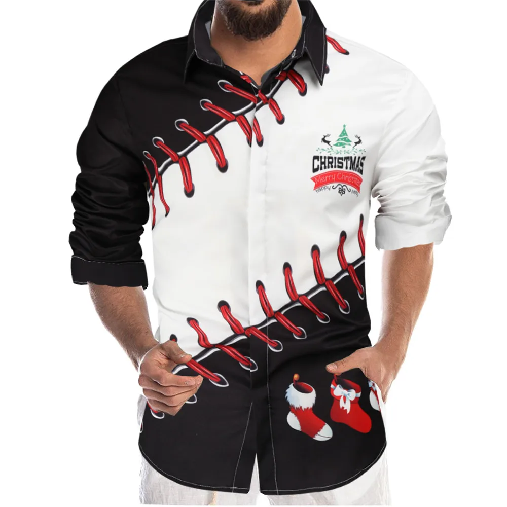 

Christmas Polo Shirts Mens Sock 3D Printed Blouses Long Sleeve Shirt Winter Autumn Cardigan Pullover Xmas Party Tops Blouse