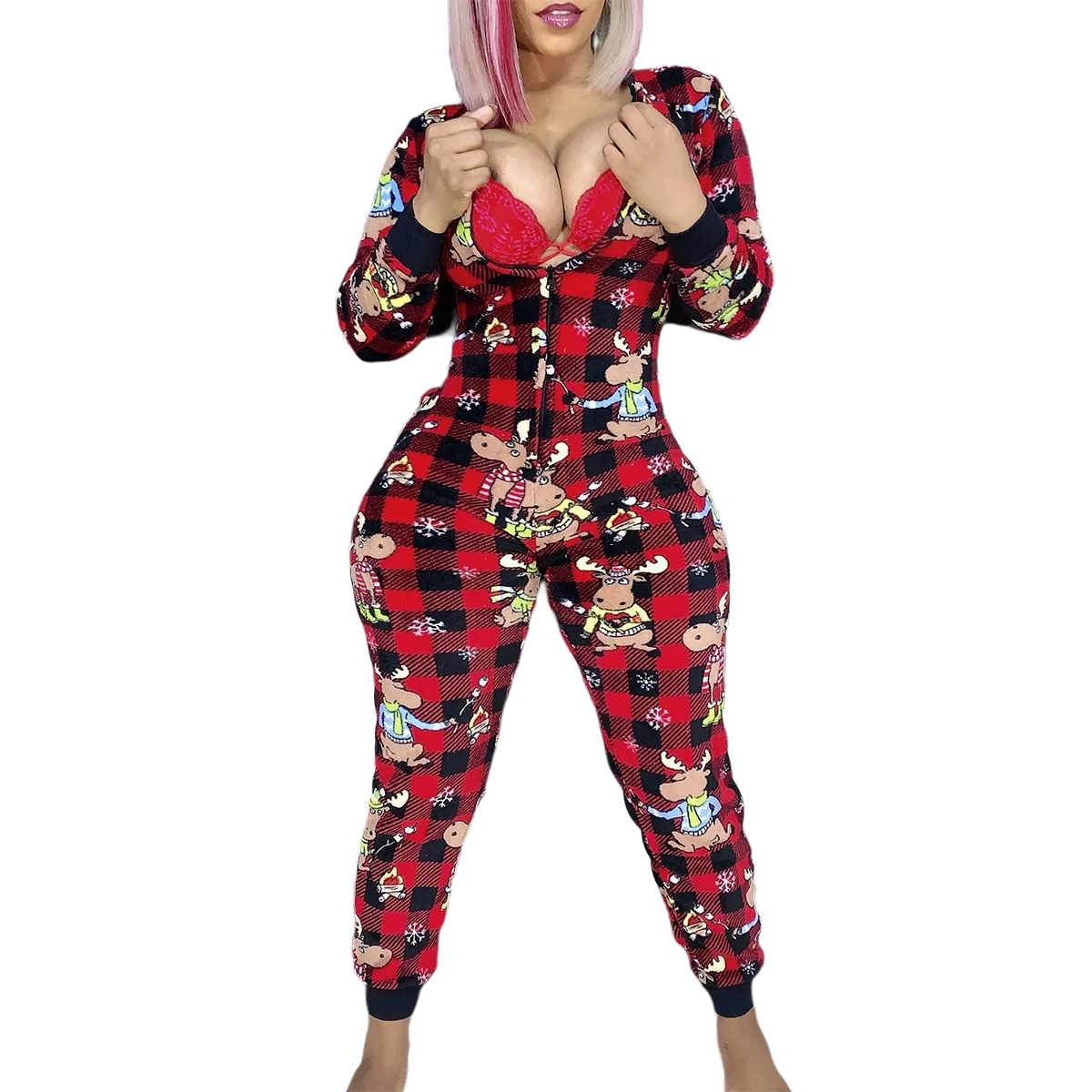 Женский Рождественский комбинезон из 2020 хлопка с длинными рукавами на молнии