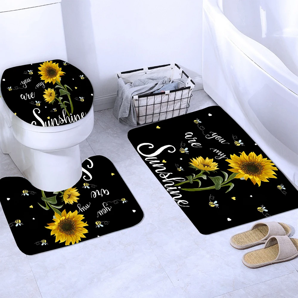 

Sunflower Black Shower Curtains Beautiful Flowers 3d Print Toilet Cover Bath Mat Non-Slip Rug Set Bathroom Curtain with 12 Hooks
