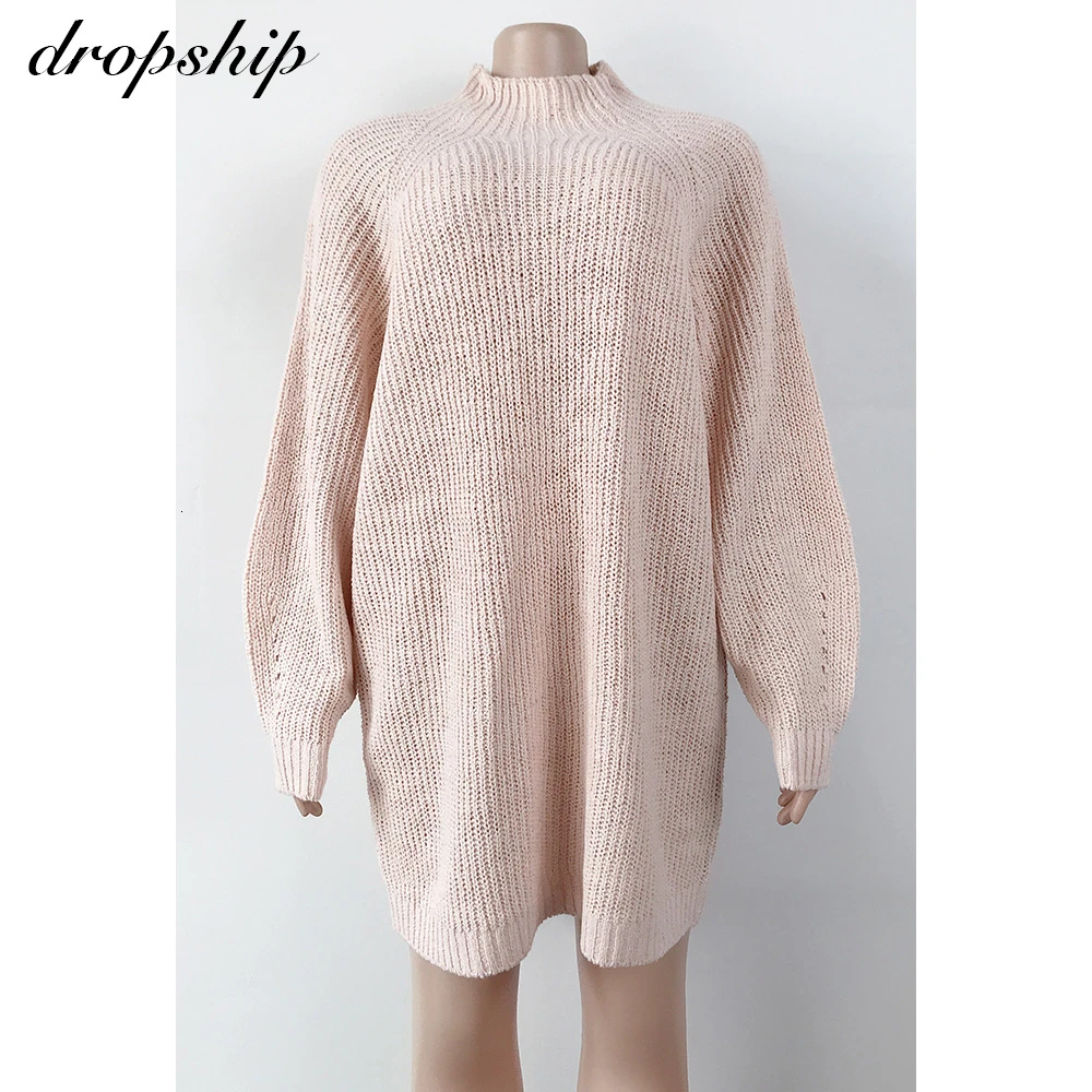 Dropship Turtleneck Long Sleeve Sweater Dress Women Autumn Winter Loose Knitted Casual Pink Gray Clothes Solid Dresses Warm Top | Женская