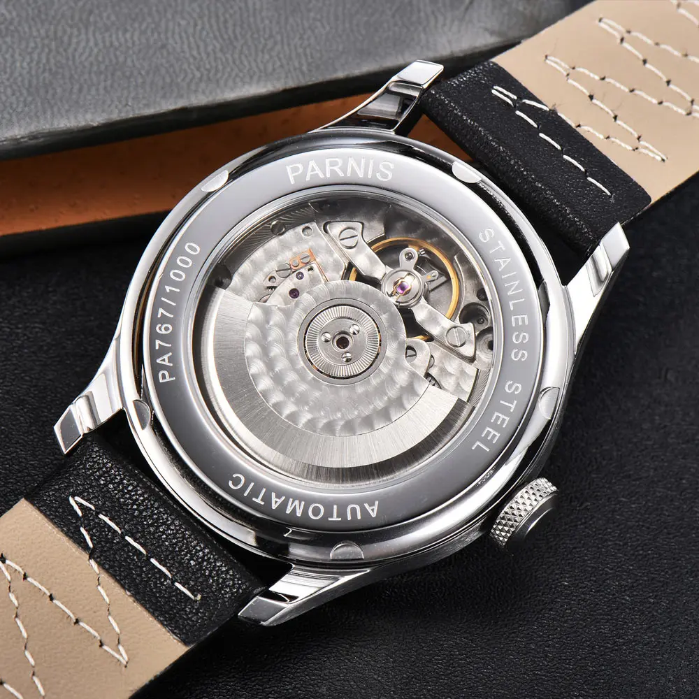 Парнис 43 мм часы с белым циферблатом автоматические механические мужские