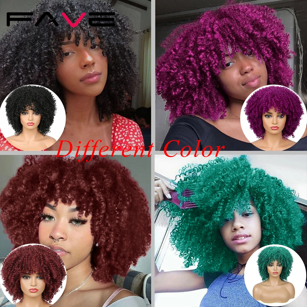 

FAVE Blue Afro Kinky Curly Synthetic Wigs with Bangs Purple Short Curly Heat Resistant African American For Black White Women