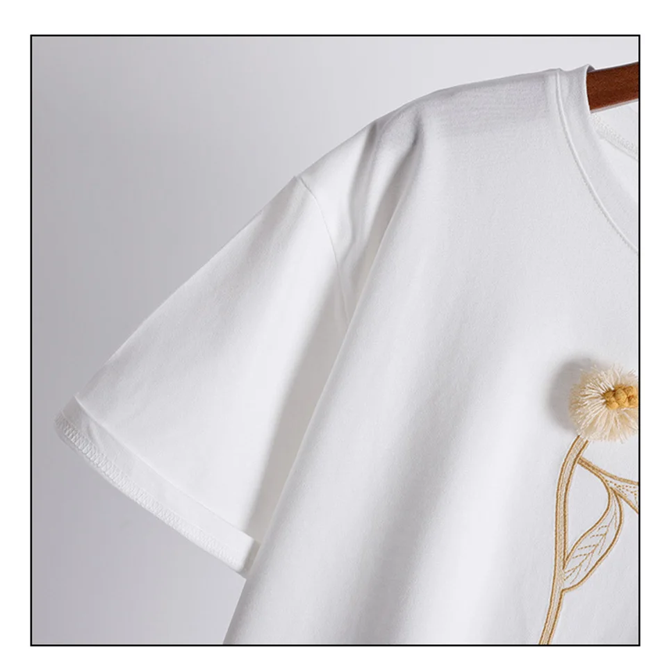 Хлопковая футболка с вышивкой одуванчика женская летняя коротким рукавом для