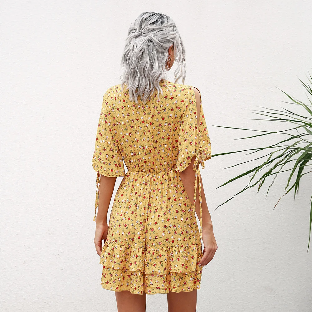 

Fashion Ruffles Summer Women Floral Print Bohe Bandage Deep V Neck Mini Dress For Women