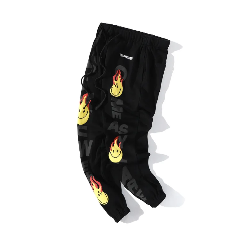 

Europe and the United States new 2021 men's smiling face foam bunched foot pants joggers men clothing streetwear men