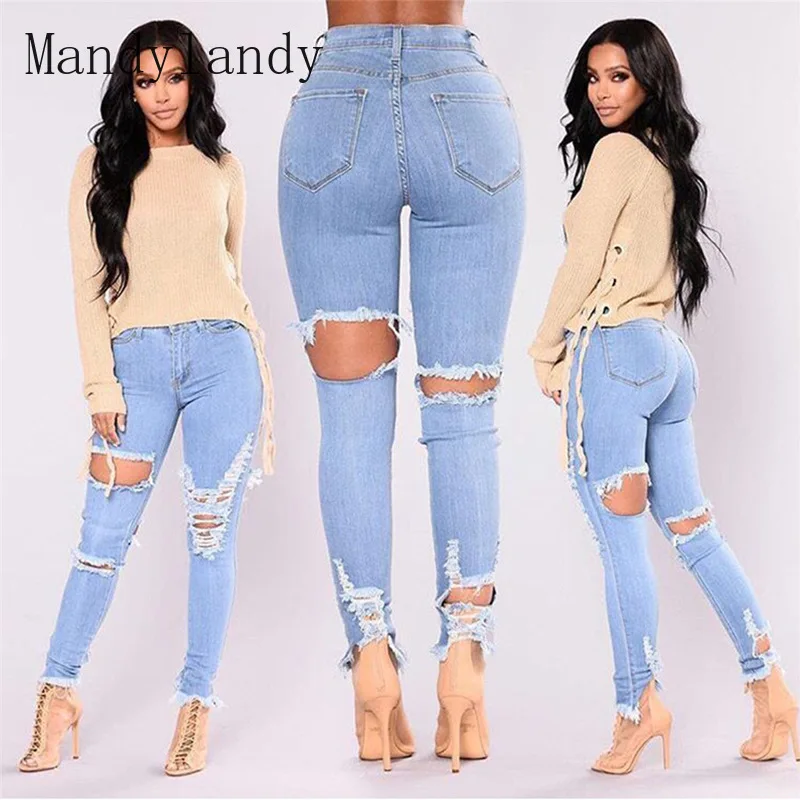 

Mandylandy Jeans Spring Summer Fashion High Waist Tassel Skinny Jeans Women's Casual Solid Color Slim Ripped Denim Pencil Pants
