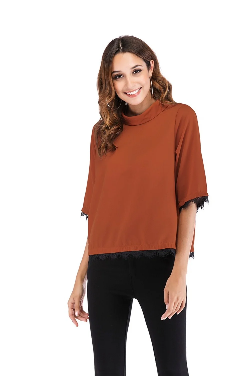 

Donsignet Fashion Women's Blouse New Casual Lace Lace Personality Back Lapel Solid Color Sleeved Chiffon Shirt Blouse Casual