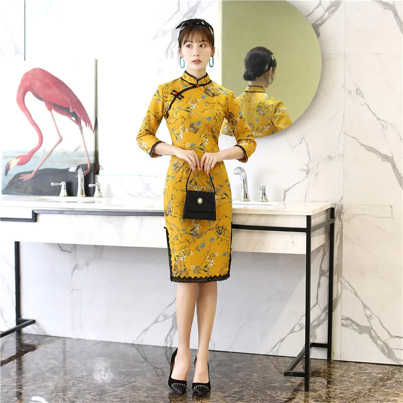 Высококачественная элегантная замшевая ткань Qipao китайское народное женское Повседневное платье с рукавом три четверти С Принтом Короткое платье Cheongsam S-2XL