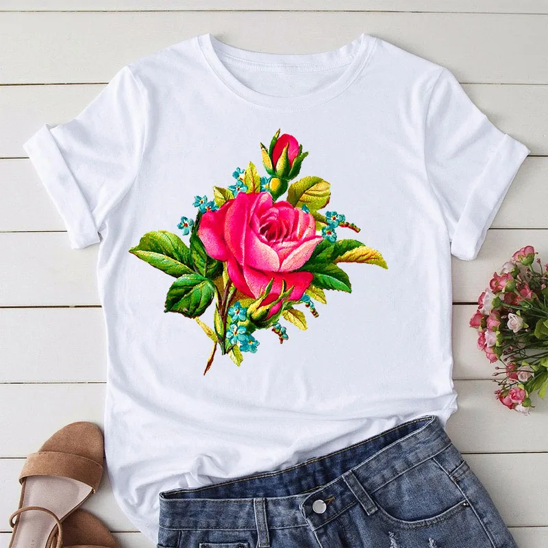

Women Flower Lady Fashion Short Sleeve Aesthetic Clothes Summer Shirt T-shirts Top T Graphic Female Ladies Womens Tee T-Shirt