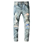 Мужские Винтажные Лоскутные байкерские джинсы стретч уличная одежда рваные узкие джинсовые брюки высокого качества