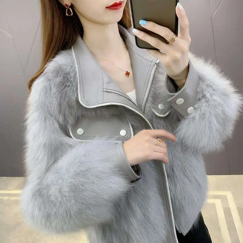 Winter Women Faux Fox Fur Jacket  Elegant Short Zipper Lapel Warm Jacket Fashion Splicing Solid  High Quality Plush Outwear