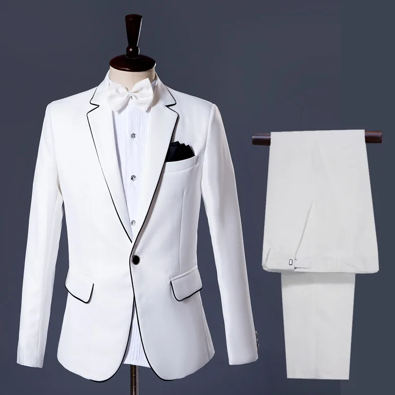 Men's Single Button White Wedding Groom  Lapel Suit 2-piece Slim Professional Suit Jacket With Bow Tie and Square Scarf
