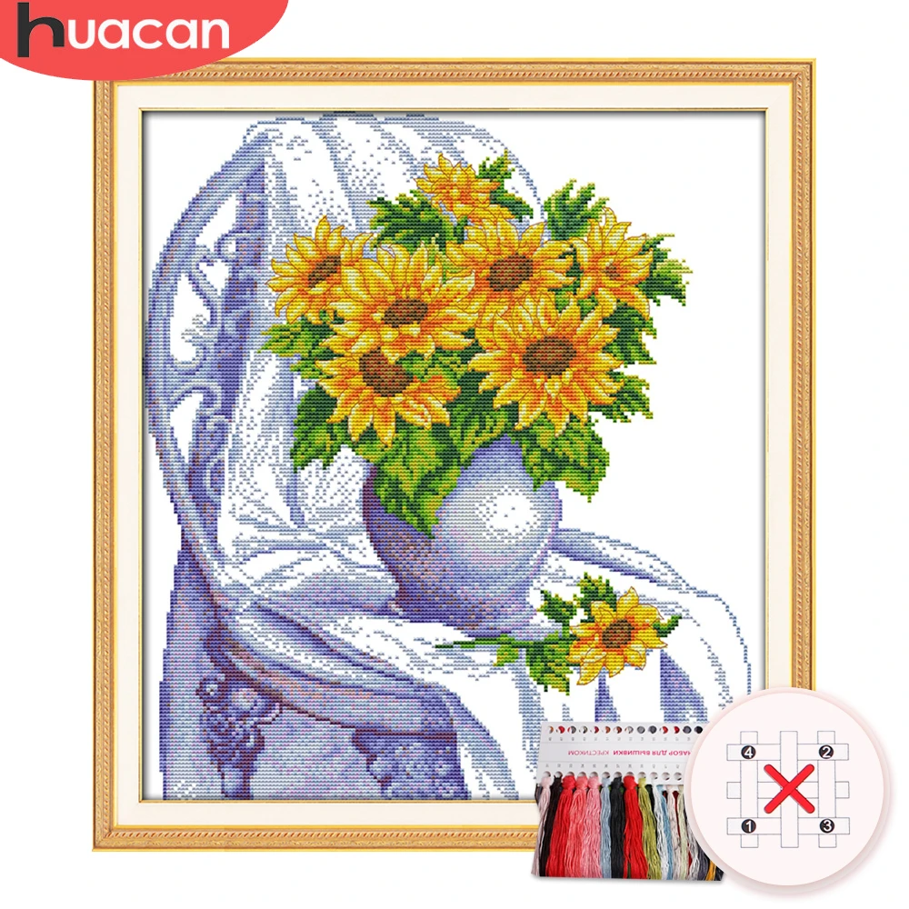 

HUACAN DIY Embroidery Sunflower Sets Gift Cross Stitch Flower Kits White Canvas Home Decoration Needlework 11CT 14CT